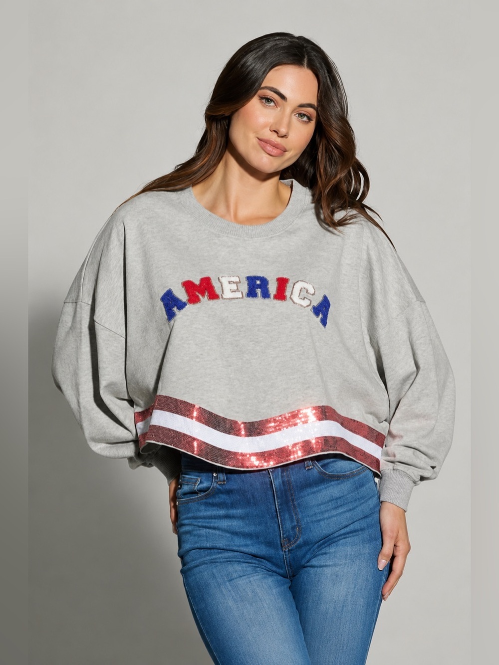 THE AMERICANA CREW LONG SLEEVE SEQUIN CROP PULLOVER SWEATER Multiple Size - Picture 4 of 8